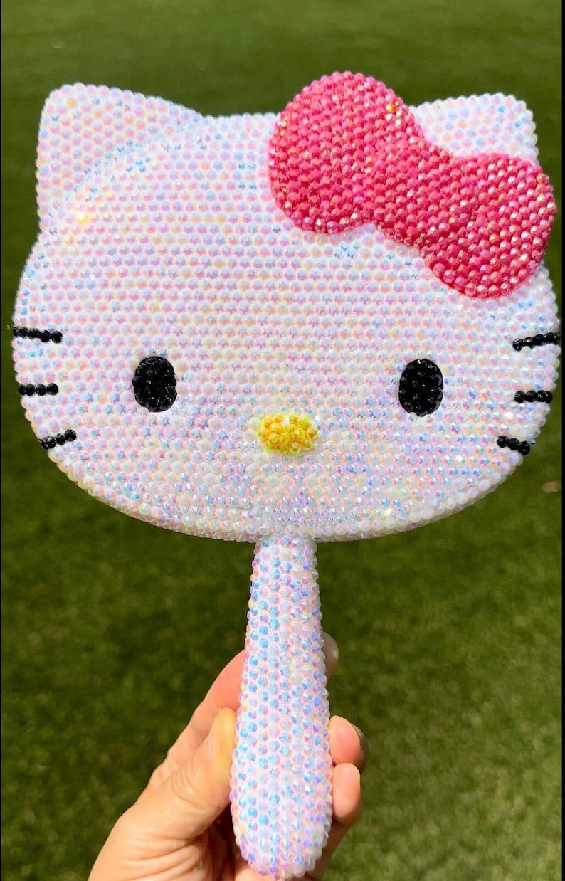 Fully Blinged out Rhinestones AB Hot Pink Bow Kitty Handmade Mirror