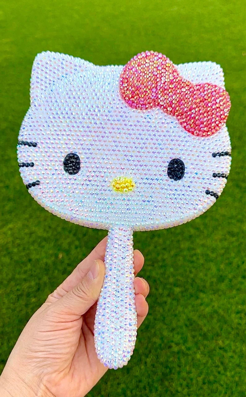 Fully Blinged out Rhinestones AB Hot Pink Bow Kitty Handmade Mirror
