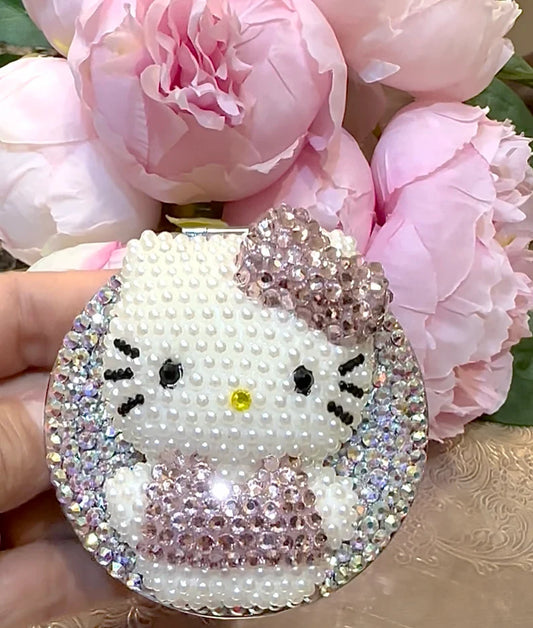 Fully Blinged out Rhinestones Kitty Makeup Compact Handmade Mirror