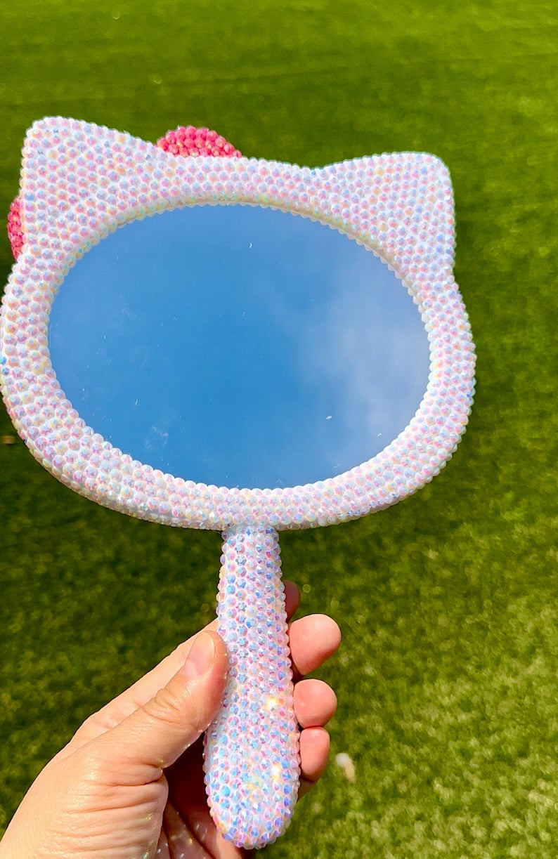 Fully Blinged out Rhinestones AB Hot Pink Bow Kitty Handmade Mirror