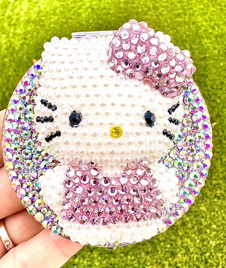 Fully Blinged out Rhinestones Kitty Makeup Compact Handmade Mirror