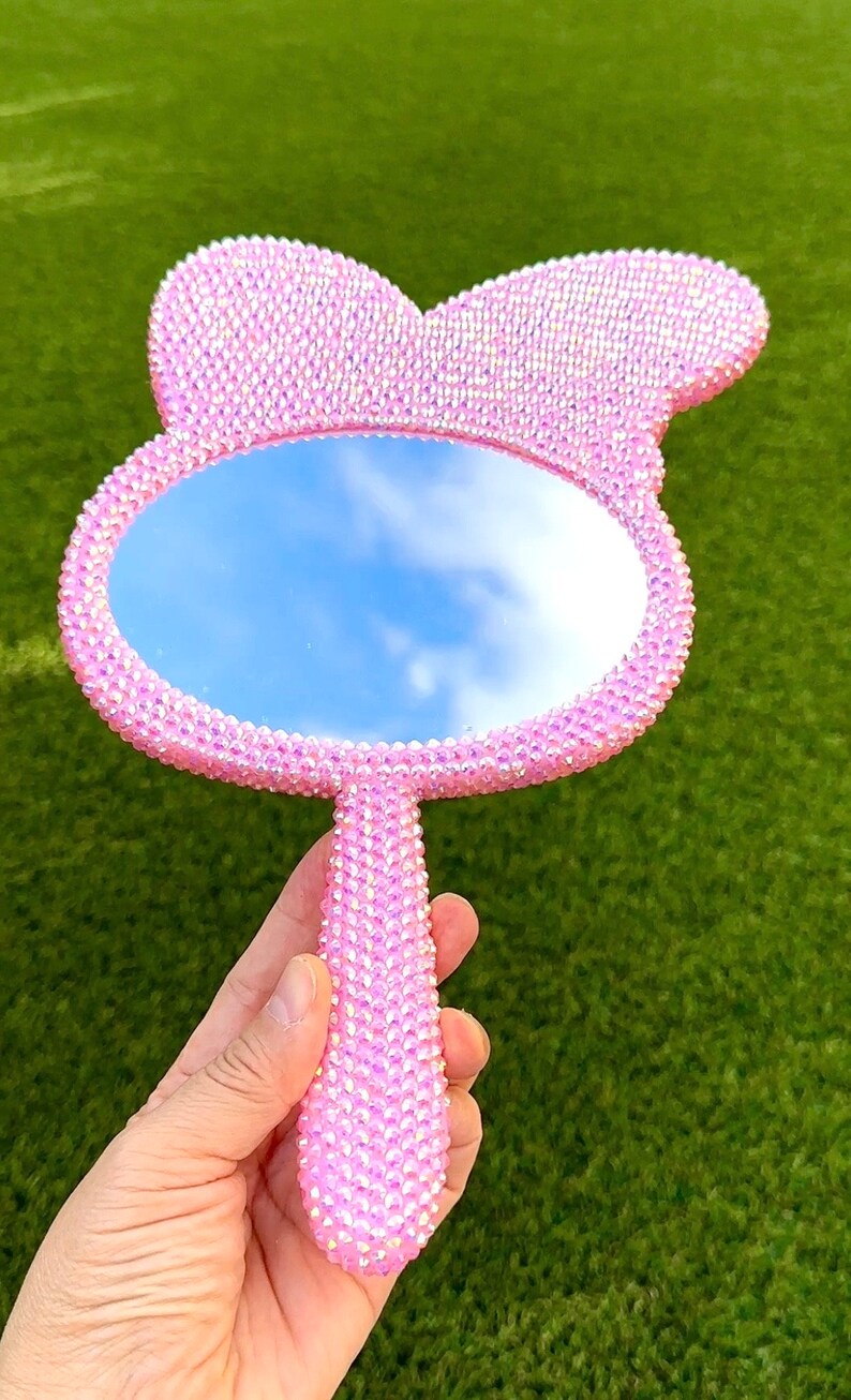 Fully Blinged out Rhinestones Pink Bunny Handmade Mirror